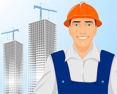 Vector illustration of a builder on skyscrapers background Stock Photo - Budget Royalty-Free & Subscription, Code: 400-08372855