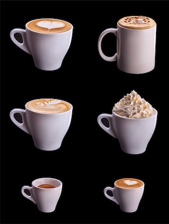 simsearch:400-08186432,k - Six coffee cup collage set isolated on black background Stock Photo - Budget Royalty-Free & Subscription, Code: 400-08372977