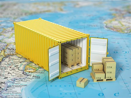 simsearch:400-08493606,k - Open container with cardboard boxes on the world map. Transportation concept. Foto de stock - Super Valor sin royalties y Suscripción, Código: 400-08373256