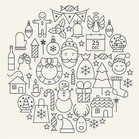 simsearch:400-08302769,k - Christmas New Year Holiday Line Icons Set Circular Shaped. Vector Illustration of Decoration and Festival Cold Celebration Objects. Winter Holiday Items. Photographie de stock - Aubaine LD & Abonnement, Code: 400-08373484
