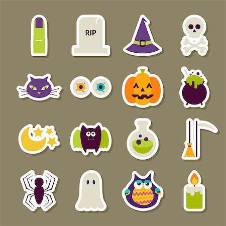 simsearch:400-09067759,k - Scary Halloween Stickers Collection. Flat Style Vector Illustration. Autumn Halloween Party Holiday Sticker Collection. Tricks and Treats. Foto de stock - Royalty-Free Super Valor e Assinatura, Número: 400-08373487