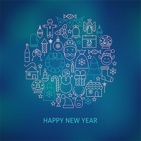 simsearch:400-08302769,k - Thin Line Happy New Year Icons Set Circle Shaped Concept. Vector Illustration of Winter Holiday Objects over Blurred Blue Background. Photographie de stock - Aubaine LD & Abonnement, Code: 400-08373634