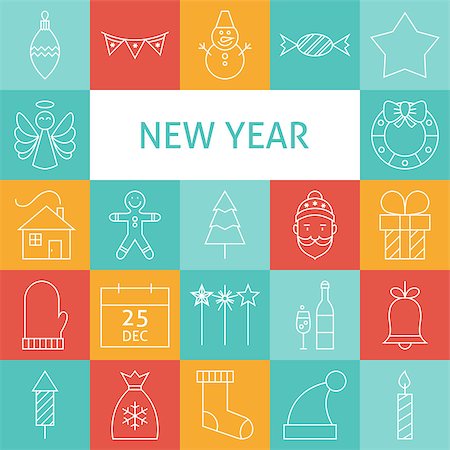 simsearch:400-08302769,k - Vector Line Art Happy New Year Holiday Icons Set. Vector Collection of 25 Winter Party Modern Line Icons for Web and Mobile. Merry Christmas Photographie de stock - Aubaine LD & Abonnement, Code: 400-08373650