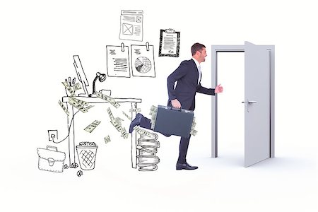 Running businessman against doodle office with door Stock Photo - Budget Royalty-Free & Subscription, Code: 400-08380006