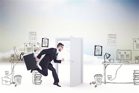 Running businessman against doodle office in clouds with door Stock Photo - Budget Royalty-Free & Subscription, Code: 400-08380014