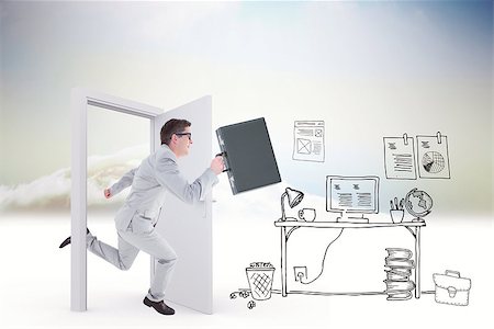 Running businessman against doodle office in clouds with door Stock Photo - Budget Royalty-Free & Subscription, Code: 400-08380015