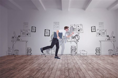 Running businessman against doodle office in room Stock Photo - Budget Royalty-Free & Subscription, Code: 400-08380013