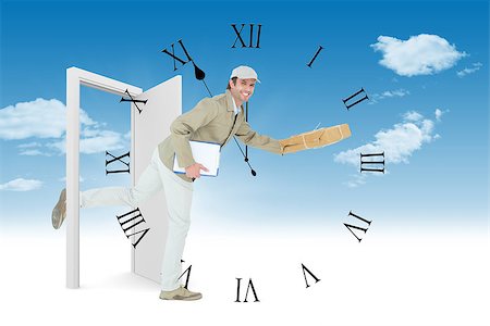 Happy delivery man running while holding parcel against clock counting down to midnight Stock Photo - Budget Royalty-Free & Subscription, Code: 400-08380055