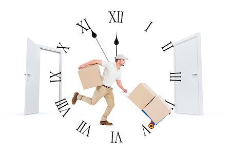 Delivery man with trolley of boxes running against closed and open doors Stock Photo - Budget Royalty-Free & Subscription, Code: 400-08380065