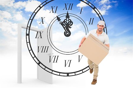 simsearch:400-08380053,k - Delivery man with cardboard box running against open door in sky Stockbilder - Microstock & Abonnement, Bildnummer: 400-08380067