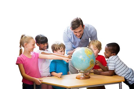 simsearch:400-07684082,k - Cute pupils and teacher looking at globe in library against white background with vignette Stock Photo - Budget Royalty-Free & Subscription, Code: 400-08380233