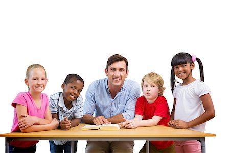 simsearch:400-07684082,k - Teacher and pupils smiling at camera at library  against white background with vignette Stock Photo - Budget Royalty-Free & Subscription, Code: 400-08380253