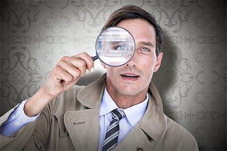 Spy looking through magnifier against elegant patterned wallpaper in grey tones Fotografie stock - Microstock e Abbonamento, Codice: 400-08380352