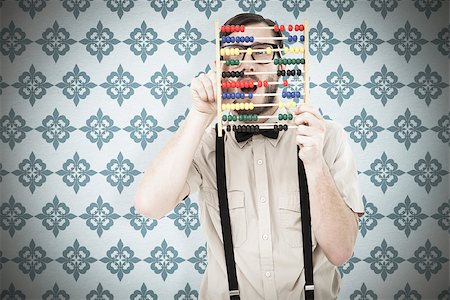 Geeky hipster holding an abacus against blue background Stock Photo - Budget Royalty-Free & Subscription, Code: 400-08380416