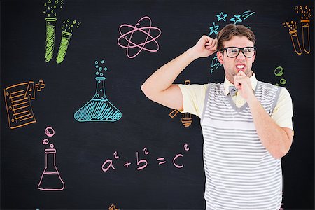 simsearch:400-07682840,k - Geeky hipster thinking with hand on chin against blackboard Fotografie stock - Microstock e Abbonamento, Codice: 400-08380809