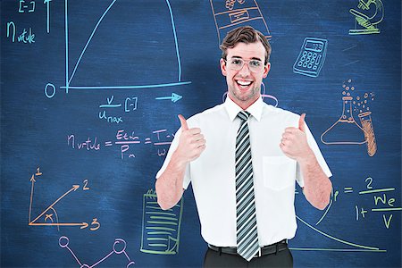 simsearch:400-07682840,k - Happy geeky businessman with thumbs up  against blue chalkboard Fotografie stock - Microstock e Abbonamento, Codice: 400-08380811