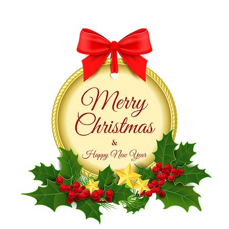 simsearch:400-08411358,k - Vector illustration. Merry Christmas and a Happy New Year. Gold emblem, medal isolated on a white background with a garland of holly with Christmas gold ornaments. Gold medal. Christmas background. 2016 Foto de stock - Super Valor sin royalties y Suscripción, Código: 400-08399879