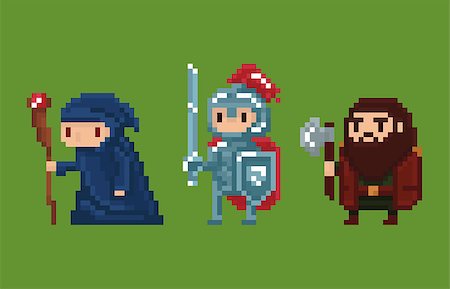 Pixel art style illustration wizard, knight and dwarf isolated on green Stock Photo - Budget Royalty-Free & Subscription, Code: 400-08404063