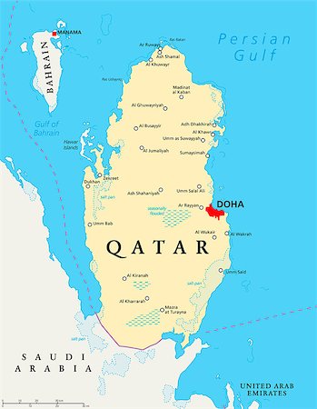 Qatar political map with capital Doha, national borders, important cities, salt pans and reefs. English labeling and scaling. Illustration. Foto de stock - Super Valor sin royalties y Suscripción, Código: 400-08404157