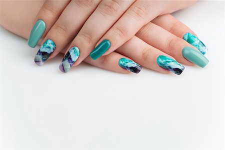 Closeup of woman nails with creative purple and green manicure. Fluorinit print. Copy space. Stock Photo - Budget Royalty-Free & Subscription, Code: 400-08404399