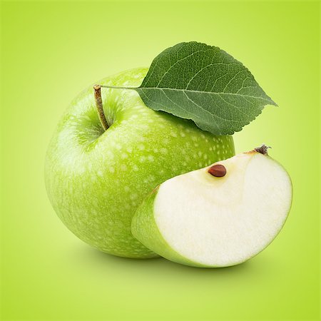 simsearch:400-08796295,k - Ripe green apple with leaf and slice with clipping path Fotografie stock - Microstock e Abbonamento, Codice: 400-08404495