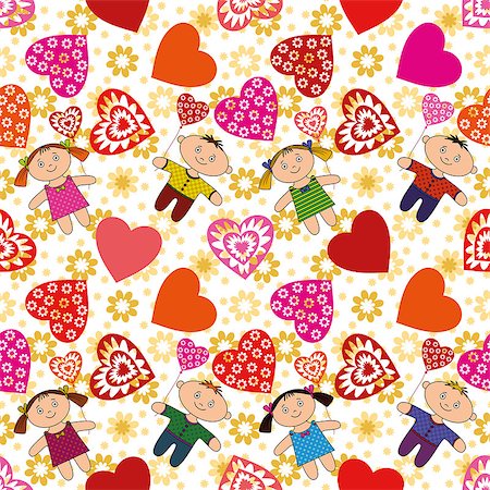 simsearch:400-08403591,k - Seamless Valentine Holiday Background with Hearts, Flowers and Children, Cheerful Cartoon Boys and Girls with Heart Shaped Balloons. Stock Photo - Budget Royalty-Free & Subscription, Code: 400-08404629