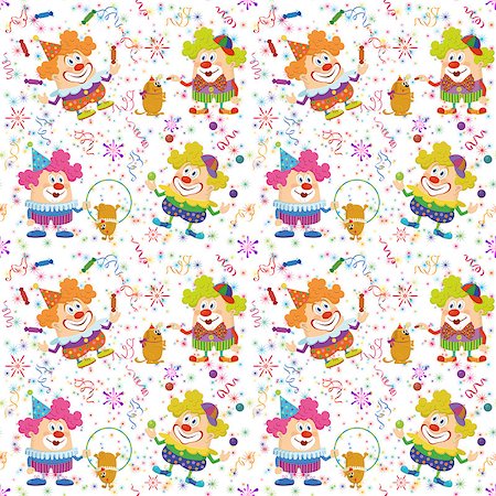 simsearch:400-08752377,k - Seamless Background with Cheerful Circus Clowns, Juggling Balls and Candies and Training Dogs. Holiday Illustration with Funny Cartoon Characters on White, Colorful Stars and Streamers. Stockbilder - Microstock & Abonnement, Bildnummer: 400-08404630