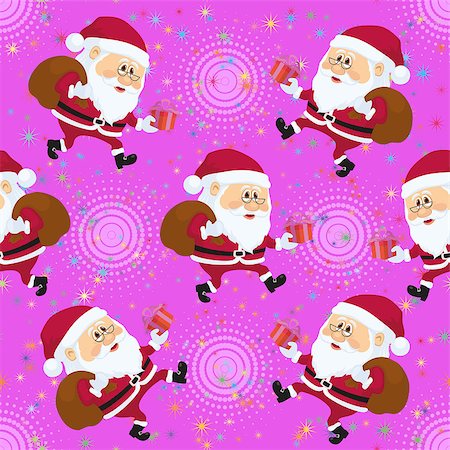simsearch:400-06639922,k - Christmas Seamless Illustration, Cartoon Santa Claus Walking with Bag and Gift Box on Abstract Pink Background with Stars and Patterns. Stock Photo - Budget Royalty-Free & Subscription, Code: 400-08404633