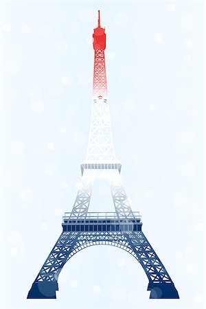 eiffel tower at night - Eiffel tower illustration in blue-white-red (French flag) on light-blue background - jpg and eps file available Stock Photo - Budget Royalty-Free & Subscription, Code: 400-08405040