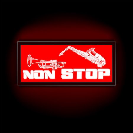 party sax images - Vector red lights that display board the words non-stop, on a dark background with a trumpet and saxophone. Suitable to any image with a black background. Stock Photo - Budget Royalty-Free & Subscription, Code: 400-08405139