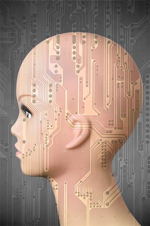 simsearch:400-04356646,k - Double exposure artificial Intelligence concept, mannequin head with circuit board pattern Stock Photo - Budget Royalty-Free & Subscription, Code: 400-08405592