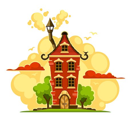 Fairy-tale house over sunset clouds. Eps10 vector illustration. Isolated on white background Stock Photo - Budget Royalty-Free & Subscription, Code: 400-08405615