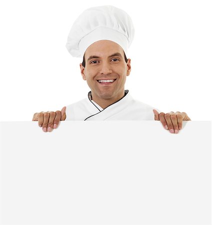 Stock image of a cheerful male chef holding a blank sign isolated on white Stock Photo - Budget Royalty-Free & Subscription, Code: 400-08405651