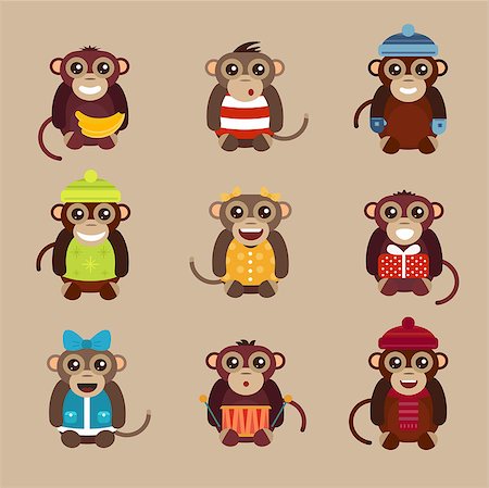 simsearch:400-04199391,k - Happy cartoon vector ape monkey happy toys. Monkey party birthday . Merry christmas monkey toys, monkey vector, banana, jump, smile, monkey play. Vector ape monkey animals cartoon flat style. Apes vector monkey Foto de stock - Super Valor sin royalties y Suscripción, Código: 400-08405827