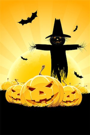 simsearch:400-07774937,k - Halloween Background with Pumpkin and Scarecrow. Flying Bats. Stock Photo - Budget Royalty-Free & Subscription, Code: 400-08405970