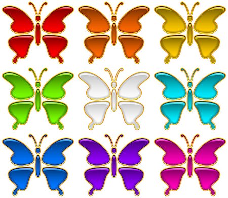 simsearch:400-08403707,k - Set of Colorful Glossy Buttons in Shape of Multicolored Butterflies with Golden Frames, Computer Icons for Web Design Foto de stock - Royalty-Free Super Valor e Assinatura, Número: 400-08406034