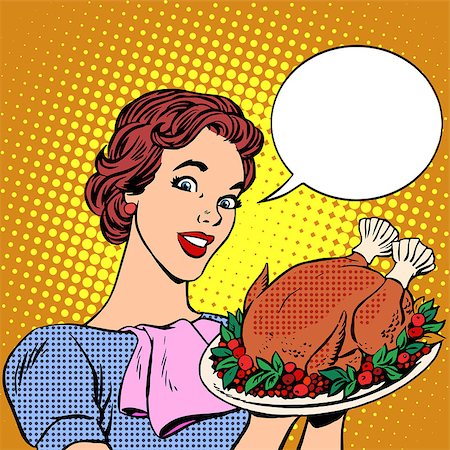 restaurant cooking family - Woman with a Christmas Turkey thanksgiving. Food and cooking, hot meat birds. Holiday treats pop art retro style Stock Photo - Budget Royalty-Free & Subscription, Code: 400-08406030