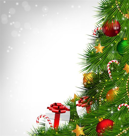 Shiny Christmas tree with gift boxes, candy canes, Christmas balls, stars and chains on grayscale background Fotografie stock - Microstock e Abbonamento, Codice: 400-08406047