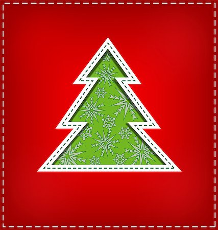 Green Christmas tree cutout on red background Fotografie stock - Microstock e Abbonamento, Codice: 400-08406048