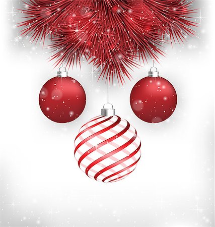 Two red and one spiral Christmas balls on red pine branches in snowfall on grayscale background Fotografie stock - Microstock e Abbonamento, Codice: 400-08406040