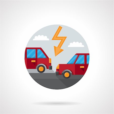 simsearch:400-09136922,k - Two red automobiles on a road and lightning. Car crash. Auto insurance button. Round flat color style vector icon. Single web design element for mobile app or website. Photographie de stock - Aubaine LD & Abonnement, Code: 400-08406594