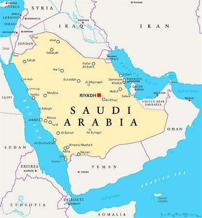 Saudi Arabia political map with capital Riyadh, national borders and important cities. English labeling and scaling. Illustration. Photographie de stock - Aubaine LD & Abonnement, Code: 400-08406725