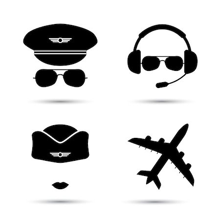 simsearch:400-07752842,k - Stewardess, pilot, airplane silhouette. Black icons of aviator cap, stewardess hat and jet. Aviation profession. Flight attendant. Vector illustration. Isolated on white Stock Photo - Budget Royalty-Free & Subscription, Code: 400-08406840