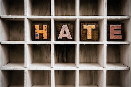 racist - The word "HATE" written in vintage ink stained wooden letterpress type in a partitioned printer's drawer. Stock Photo - Budget Royalty-Free & Subscription, Code: 400-08407047