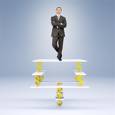 Businessman standing on balance with dollar sign and looking at camera Stock Photo - Budget Royalty-Free & Subscription, Code: 400-08407126