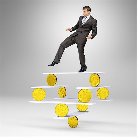 Businessman standing on balance with gold coins and looking down Stock Photo - Budget Royalty-Free & Subscription, Code: 400-08407122