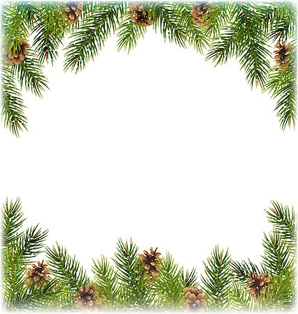 Green Christmas Tree Pine Branches with Pinecones Like Frame with Snowfall on White Background Fotografie stock - Microstock e Abbonamento, Codice: 400-08407143