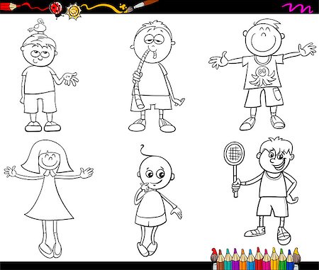 simsearch:400-08407208,k - Black and White Cartoon Illustration of Cute Kids Set for Coloring Book Stock Photo - Budget Royalty-Free & Subscription, Code: 400-08407208