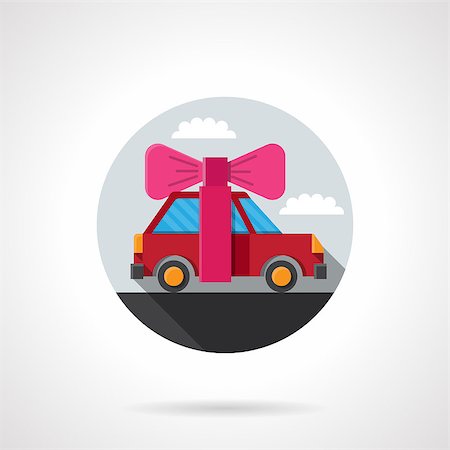Red automobile with bright pink ribbon bow. Car as a gift. Sale and offer concept. Round color flat vector icon. Design element for website, mobile app, business. Stock Photo - Budget Royalty-Free & Subscription, Code: 400-08407474
