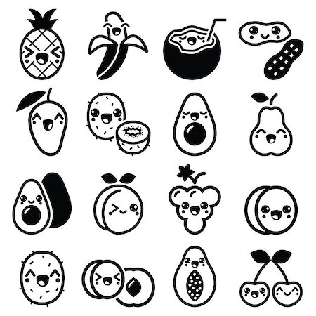Vector icons set of Japanese Kawaii fruit in black isolated on white Stock Photo - Budget Royalty-Free & Subscription, Code: 400-08407922